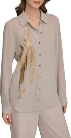 DKNY Metallic Foil Georgette Button-Up Shirt in Turin/Champagne Gold at Nordstrom, Size X-Large