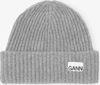 Ganni Grey Oversized Wool Rib Knit Beanie