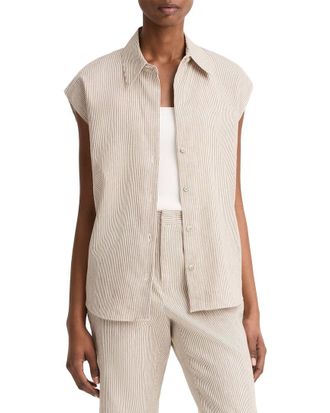 Vince Ticking Stripe Cap Sleeve Linen-Blend Blouse