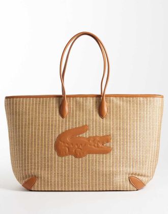 Lacoste Borsa shopping in rattan color cuoio naturale effetto coccodrillo con logo-Marrone