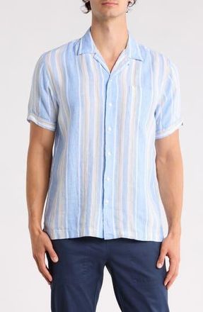Brooks Brothers Regular Fit Stripe Linen Camp Shirt in Blue Sand Stripe at Nordstrom Rack, Size Xx-Large