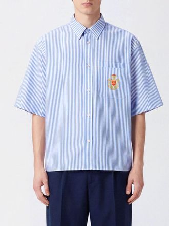 Celine Camicia a maniche corte in cotone a righe con logo ricamato