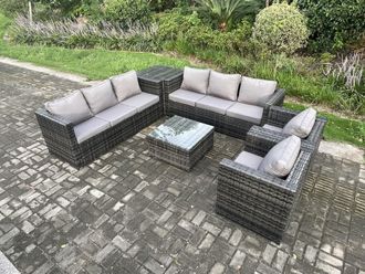 Fimous 8 Seater Rattan Garden Furniture Set Patio Outdoor Lounge Sofa Set with 2 Armchairs Side Table Square Coffee Table Dark Grey Mixed