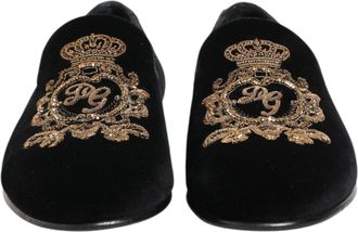 Dolce & Gabbana Black Velvet Gold Crown Mens Loafers Mens Shoes