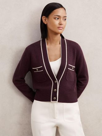 Reiss Burgundy & neutral Wool-cashmere Tipped V-neck Cardigan, XS