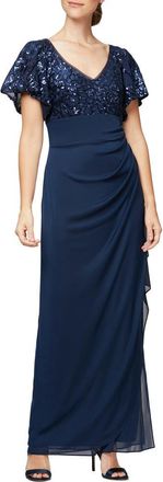 Alex Evenings Sequin Lace & Ruched Chiffon Gown in Navy at Nordstrom, Size 6P