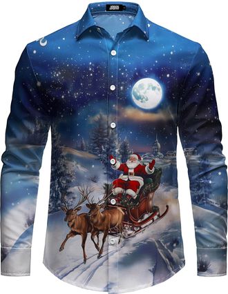 JOGAL Mens Funny Christmas Shirt Long Sleeve Santa Claus Shirts Xmas Dress Shirts for Men Blue XX-Large