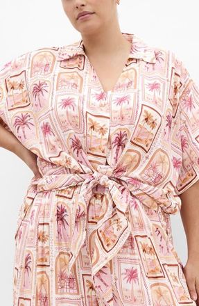 City Chic Postcard Print Tie Front Top in Postcard Soiree at Nordstrom, Size Xxxs