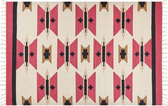 Beliani Alfombra Kilim De Algod&oacute;n Rojo Beige Negro 200 X 300 Cm A Mano Geom&eacute;trico Borlas Garni