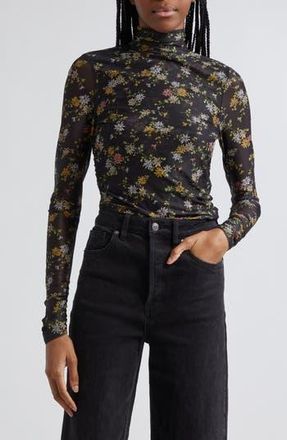 Cinq &agrave; Sept Floating Daisies Shirred Mesh Mock Neck Top in Black Multi at Nordstrom Rack, Size Medium