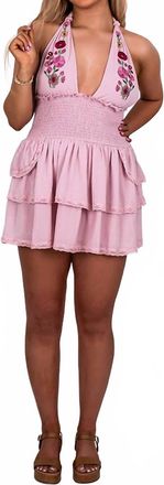 Olivaceous Floral Embroidered Halter Dress In Pink