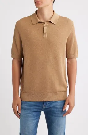 BOSS Lancio Solid Cotton Waffle Polo Sweater in Open Beige at Nordstrom, Size Xx-Large