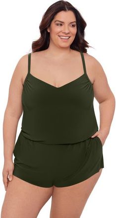 Aqua Green Plus Size V-Neck Blouson Slimming Swimsuit Romper with Pockets in Malachite at Nordstrom, Size 1X