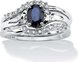 Palm Beach Jewelry 3 Piece 1.05 TCW Oval Sapphire and Diamond Accent Bridal Ring Set