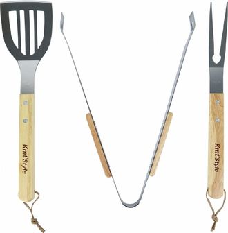 Trade Shop Trade Shop - Set 3 Attrezzi Griglia Barbecue Forchettone Pinza Spatola In Acciaio Manico Legno