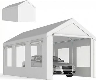 OUTSUNNY Garaje Exterior Para Coche 3x6 M Con 2 Puertas Enrollables Y 6 Ventanas De Malla, Altura Ajustable, Marco Acero Galvanizado, Upf30+, Blanco