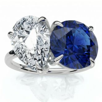 Pompeii3 5 1/2Ct Certified Blue Sapphire & Diamond Toi Et Moi Diamond Ring Gold Lab Grown