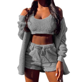 Generic Womens Fuzzy Pajamas Set Sexy Fleece 3 Piece Outfits Sweatsuit Long Sleeved Fluffy Hooded Jacket Soft Open Front Cardigan and Wide Legs Pants Shorts W