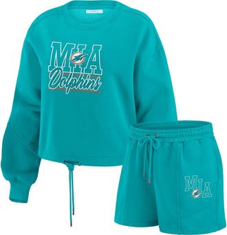 WEAR by Erin Andrews Womens WEAR by Erin Andrews Aqua Miami Dolphins Washed Fleece Long Sleeve T-Shirt & Shorts Lounge Set at Nordstrom, Size X-Large