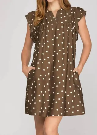 She + Sky Ruffle Sleeve Polka Dot Mini Dress In Brown