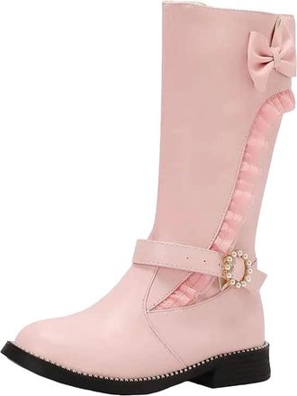 Generic Womens Mid Calf Booties Round Toe Medium Block Heel Slip On With Pearl Buckle And Butterfly-Knot Accent