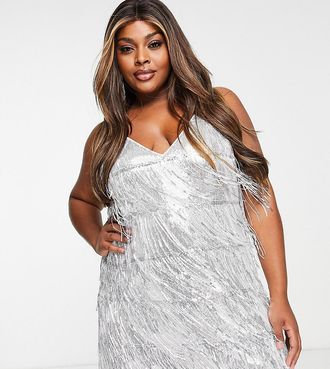 Jaded Rose Plus Vestito corto a canottiera con frange in paillettes argento