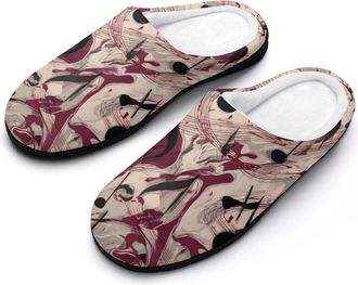 Generic Music Notes Red Wine Tie-Dye Slippers Men Winter Warm Cotton Anti-Slip Indoor Slip-Ons House Shoes