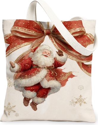 Generic Christmas Santa Canvas Tote Bags, Vintage Illustration Reusable Grocery Bags, Winter Lightweight Washable Shoulder for Trav, Red, 13x15 Inch