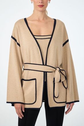 Trina Turk Wright Belted Flare Sleeve Cardigan in Camel/indigo at Nordstrom, Size X-Large