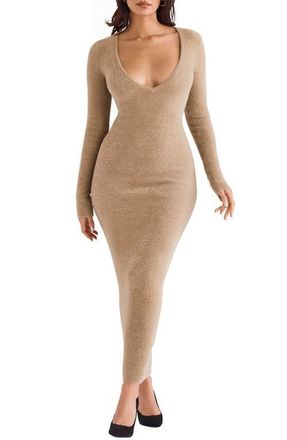 House of CB Lucille Long Sleeve V-Neck Maxi Sweater Dress in Camel at Nordstrom, Size X-Small