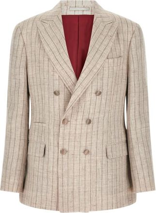 Brunello Cucinelli Kostuums, Heren, Beige, L, Linnen, Chalk Stripe Twill Blazer