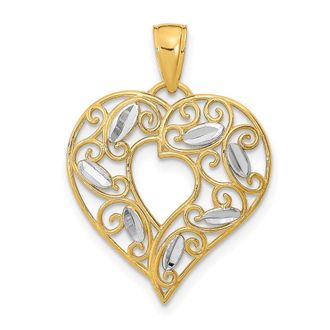 Diamond2Deal 14k Yellow Gold Rhodium Diamond-cut Filigree Heart Charm