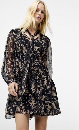 French Connection Womens Black Crinkle Chiffon Tie Neck Long Sleeve Mini Dress - Size 16 UK