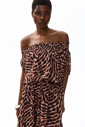 H&M Off-the-shoulder Chiffon Dress in Dark Brown/patterned at Nordstrom, Size X-Small