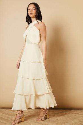 Oasis Womens Halter Neck Chiffon Tiered Maxi Dress - Cream - Size 16 UK