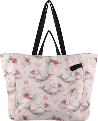Generic Cute Whales Flowers Pink pattern Reusable Canvas Tote Bag, Heavy Duty Grocery Shopping Bag with Hard Bottom Double Handles Large Capacity Work Groceri