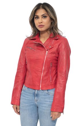 Infinity Leather Womens Biker Jacket-Zanzibar - Red Nappa Leather - Size 18 UK