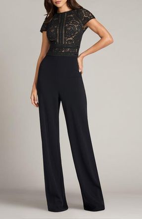 Tadashi Shoji Lace Top Crepe Jumpsuit in Black/nude at Nordstrom, Size 12