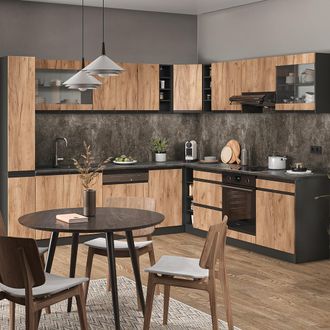 Vicco Cocina Esquinera R-line, Roble Dorado, 257 X 60 Cm En Forma De J, Sin Encimera