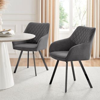 Furniturebox Set of 2 Falun Deep Padded Dining Chairs Upholstered in Soft & Durable Fabric With Black Legs in Dark Grey