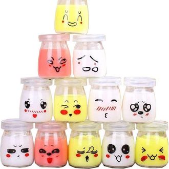 OEM 12 Tarros De Yogur De Cristal Con Tapas Decoradas Con Diferentes Emojis, Tarros De Crema Para Postres Con Una Capacidad De 100 Ml