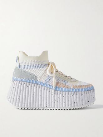 Chloé Sneakers Platform In Camoscio E Mesh Ricamati Con Finiture In Pelle Nama - Bianco