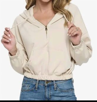 Ariella Cropped Long Sleeve Hoodie With Zipper In Ivory