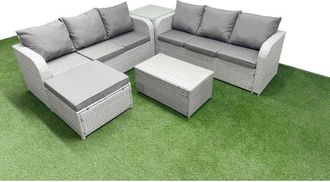 Fimous Outdoor Garden Furniture Sets 7 Seater Wicker Rattan Furniture Sofa Sets with Rectangular Coffee Table high Back Lounge Sofa Big Footstool Light Grey