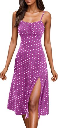 Generic Spaghetti Strap Dresses for Women UK, Midi Dresses Slim Fitted Dress Sexy Low-Cut Cami Dress High Side Split Tank Sundresses Solid Color Polka Dot Sun