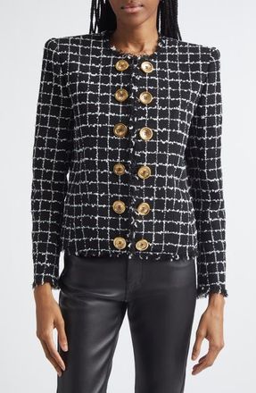 Balmain Square Tweed Crop Spencer Jacket in Eab Blk/White at Nordstrom, Size 10 Us