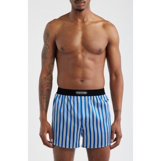 Tom Ford Stripe Stretch Silk Boxer Shorts in Blue/White at Nordstrom, Size X-Large