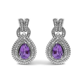 House of Brilliance Sterling Silver Pear Cut Amethyst and Diamond Accent Teardrop Stud Earrings