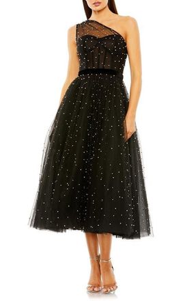 Mac Duggal Womens One Shoulder Pearl Beaded Midi Ballgown in Black at Nordstrom, Size 12
