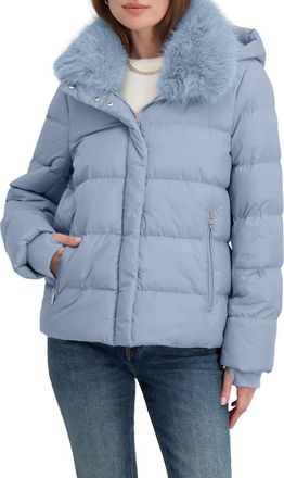 Elie Tahari Vera Faux Fur Trim Hooded Puffer Coat in Powder Blue at Nordstrom Rack, Size X-Large